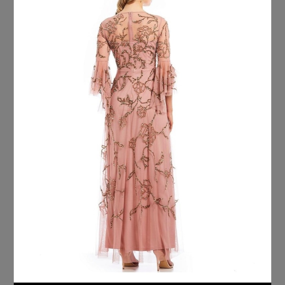 Aidan Mattox beaded gold 3/4 ruffle bell sleeve long gown - Picture 10 of 16